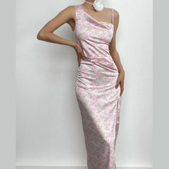 Contrast irregular slit sleeveless flower print cowl neck midi dress-final-sale