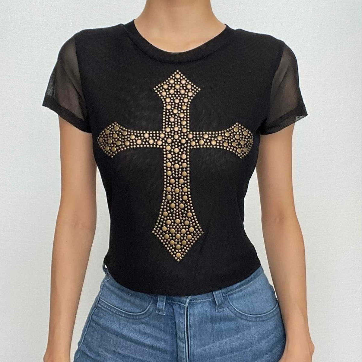Short sleeve beaded cross pattern sheer mesh see through contrast top-final-sale