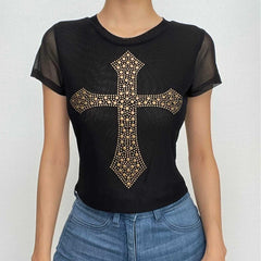 Short sleeve beaded cross pattern sheer mesh see through contrast top-final-sale
