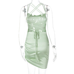 Satin cowl neck solid lace up backless ruched mini dress