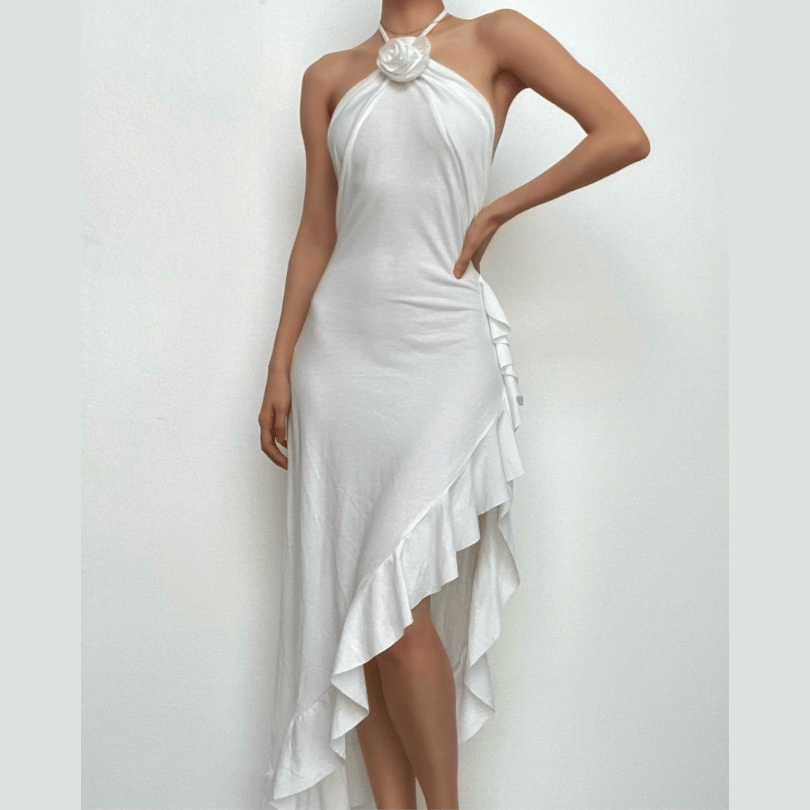 Ruffle solid flower applique halter backless irregular midi dress-final-sale