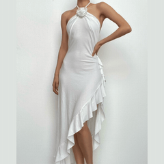 Ruffle solid flower applique halter backless irregular midi dress-final-sale