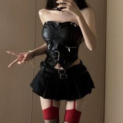 Zip-up PU leather pleated A line tube mini skirt set