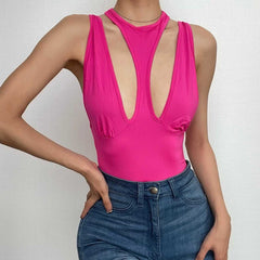 Hollow out crewneck sleeveless solid ruched bodysuit-final-sale