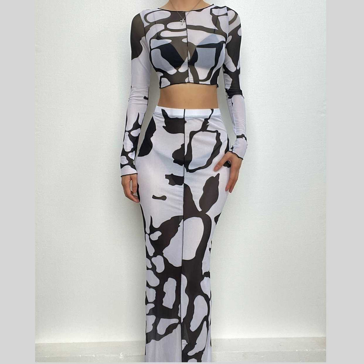 Sheer mesh see through long sleeve stitch contrast maxi skirt set-final-sale