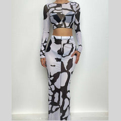 Sheer mesh see through long sleeve stitch contrast maxi skirt set-final-sale