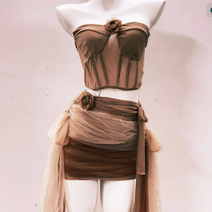 Flower applique ruched mesh knotted mini skirt set