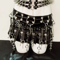 Metal chain rivet applique corset pleated mini skirt set