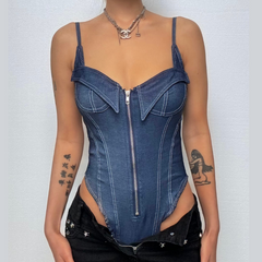 Denim zip-up backless v neck stitch cami bodysuit