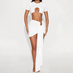 Crewneck solid short sleeve ruched mini skirt set
