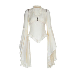 Long flared sleeve v neck ruched solid top