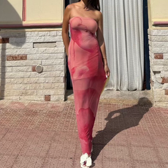 Mesh print contrast tube maxi dress