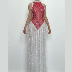 High neck patchwork tassels backless maxi dress