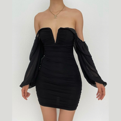 Mesh solid long sleeve ruched notch neck zip-up mini dress-final-sale