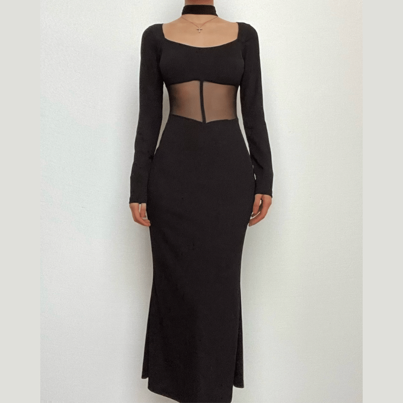 Mesh patchwork solid long sleeve square neck midi dress-final-sale