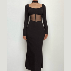 Mesh patchwork solid long sleeve square neck midi dress-final-sale