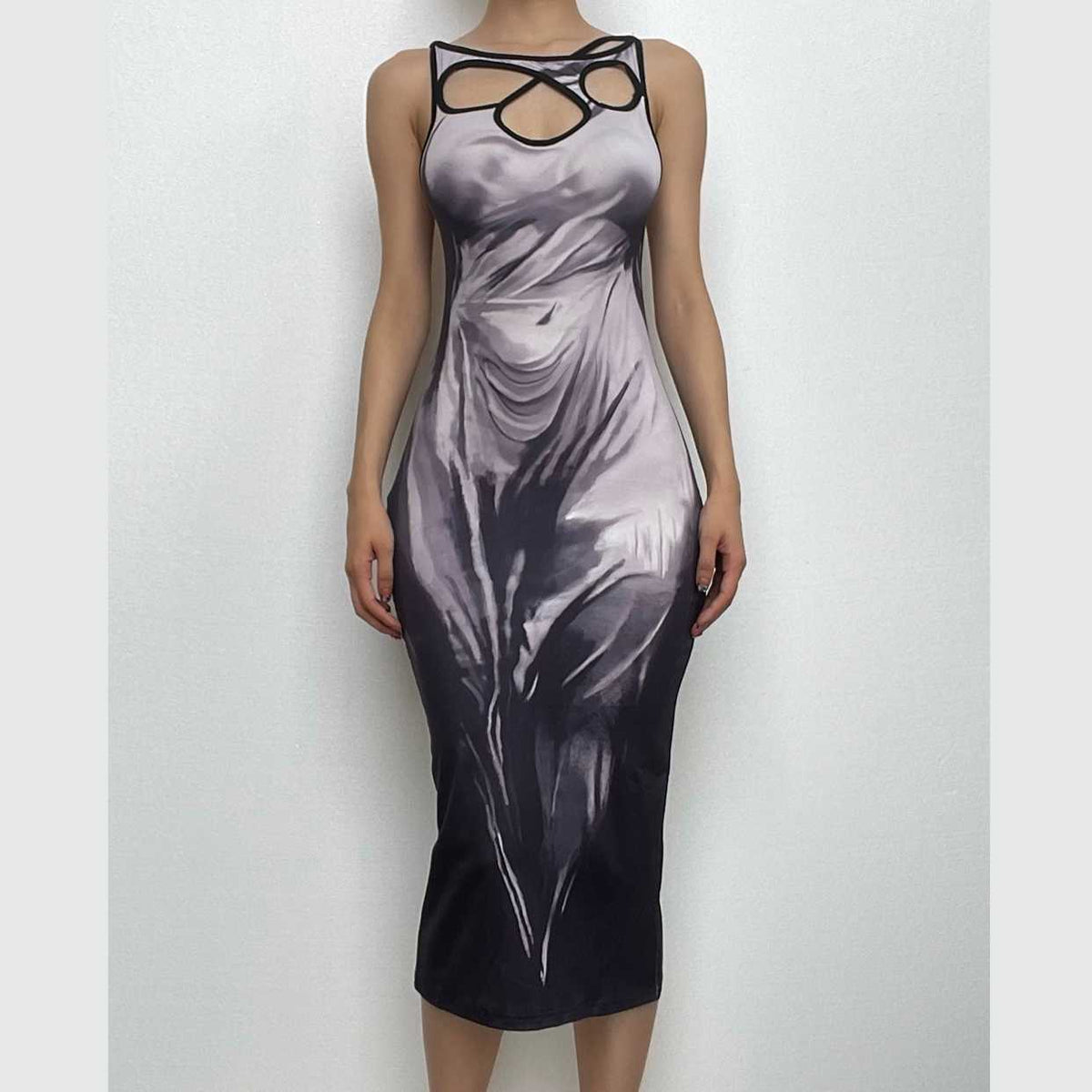 Hollow out abstract irregular sleeveless slit contrast cut out midi dress-final-sale