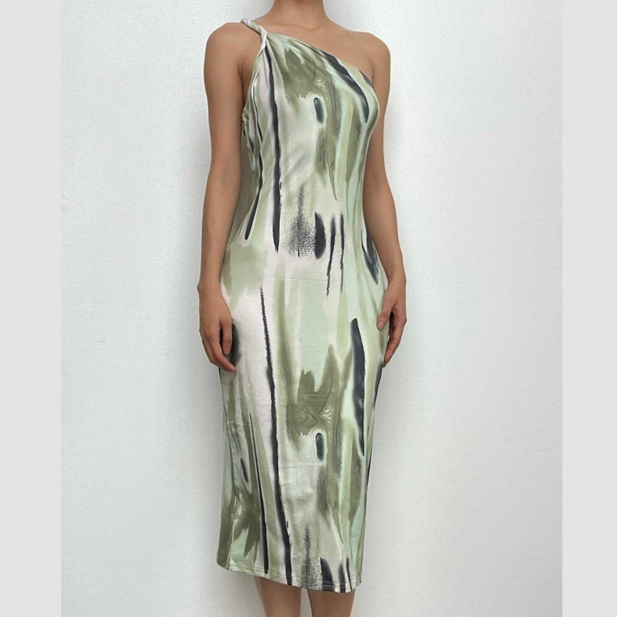 One shoulder backless tie dye irregular midi dress-final-sale