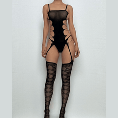 Hollow out bandage solid open crotch suspender bodystocking