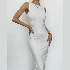 Sleeveless round neck solid backless slit midi dress-final-sale
