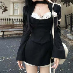 Long sleeve lace hem cami 3 piece mini skirt set