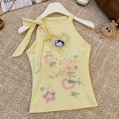 Self tie ruffle " hello kitty " pattern top