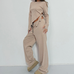 Striped long sleeve crewneck drawstring pant set