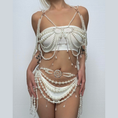Beaded metal chain hollow out faux pearl cut out top