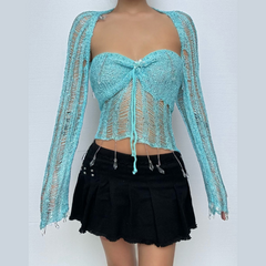 Halter knotted crystal pendant shrug hollow out ruched top