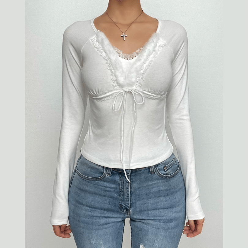 Fluffy patchwork solid long sleeve self tie top-final-sale
