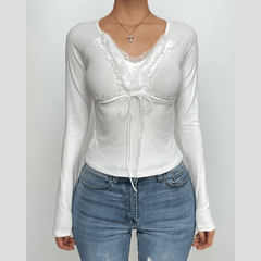Fluffy patchwork solid long sleeve self tie top-final-sale