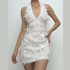 Deep V neck halter self tie backless zip-up mini dress