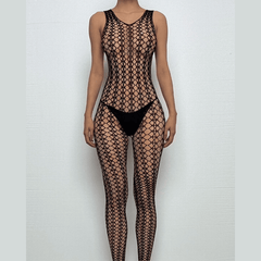 U neck sleeveless hollow out fishnet bodystocking