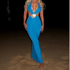 V neck halter self tie backless maxi dress