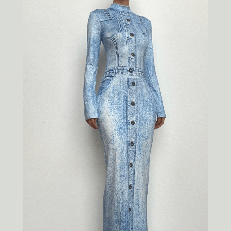 Denim print contrast high neck long sleeve maxi dress-final-sale