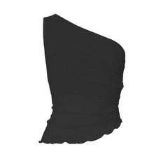 Sleeveless one shoulder ruched ruffle mesh top