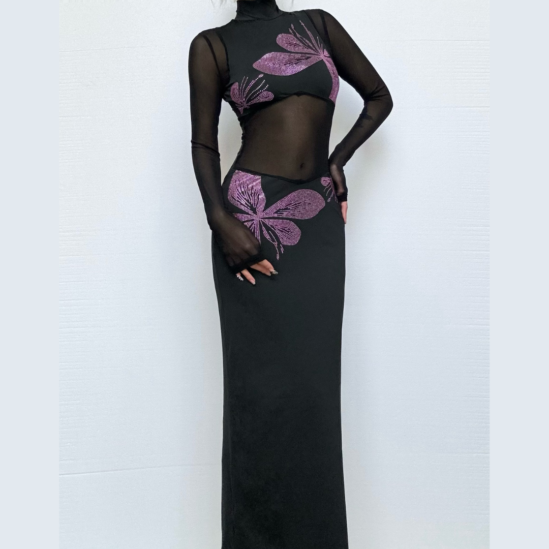 Long sleeve high neck beaded mesh slit midi dress