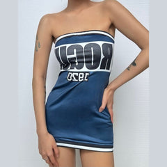 Letter print backless contrast tube mini dress
