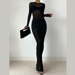 Long sleeve crewneck ruched mesh hollow out cut out maxi dress