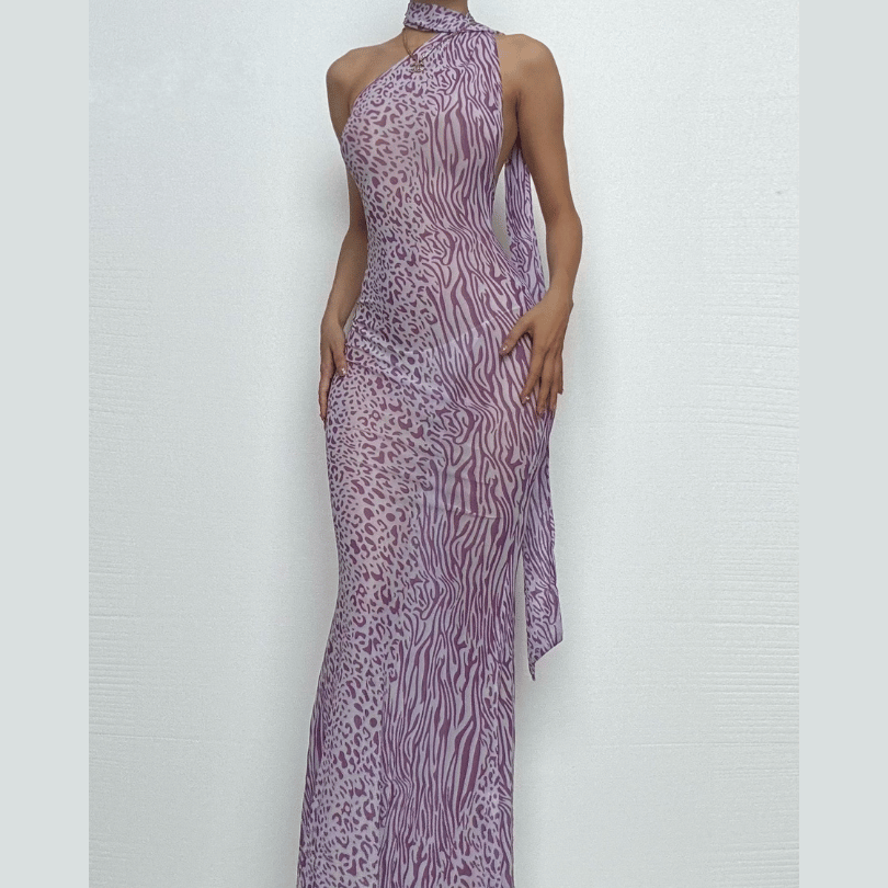 Halter one shoulder leopard print sheer mesh maxi dress-final-sale