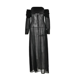 Long sleeve off shoulder ruched see through mesh maxi dress- Final Sale