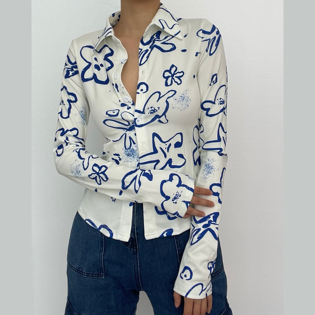 Turnover collar button contrast print long sleeve top-final-sale