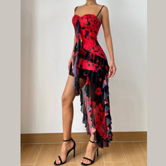 Mesh v neck ruffle print cami mini dress