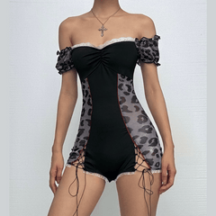 Short puff sleeve leopard print lace hem romper
