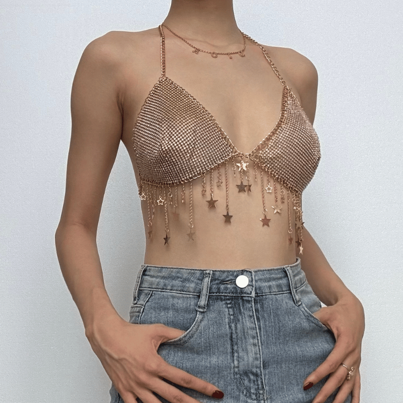 Metal chain star decor halter backless bralette top