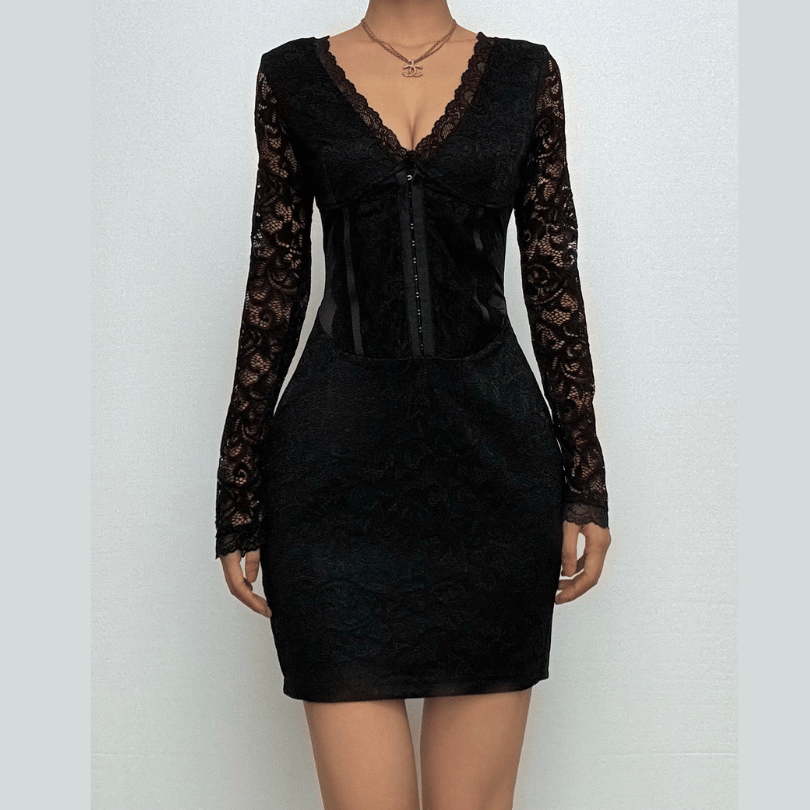 Long sleeve button bustier lace mini dress-final-sale