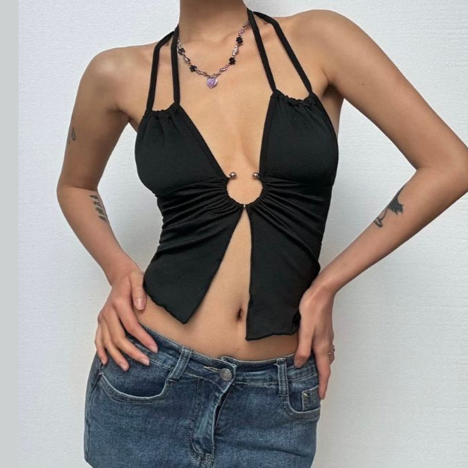 Hollow out ruffle halter self tie crop cut out top