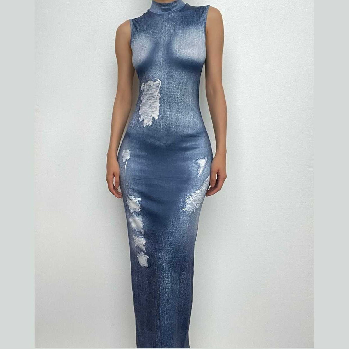 Denim print sleeveless contrast high neck maxi dress-final-sale