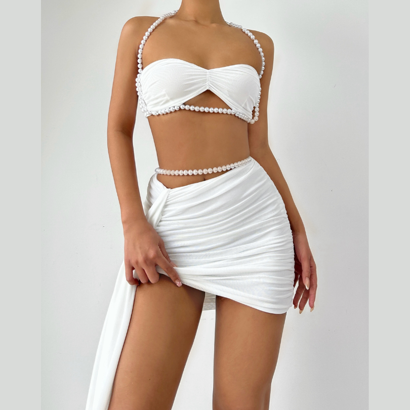 Halter beaded ruched mesh mini dress