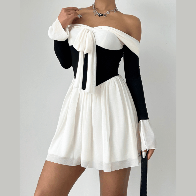 Long sleeve off shoulder ruched mini dress
